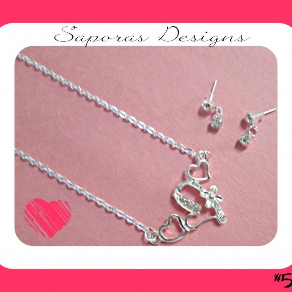 Silver Tone Heart Design Necklace & Dangle Earring Jewelry Set